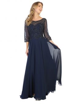 Abendkleid Brautmutterkleid mit Perlenstickerei langen Ärmeln dunkelblau